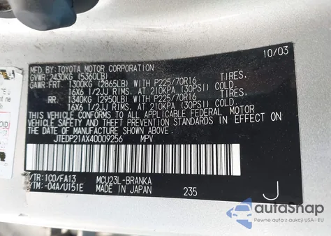 2004 Toyota Highlander V6 z USA, uszkodzony, nr VIN JTEDP21AX40009256